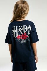 U.S. Polo Assn. 2072 Garson Çiçek Desenli Kız Çocuk Lacivert Bisiklet Yaka Kısa Kollu Şort  Pijama Takım