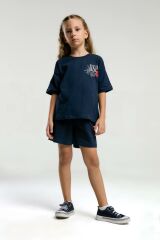 U.S. Polo Assn. 2072 Garson Çiçek Desenli Kız Çocuk Lacivert Bisiklet Yaka Kısa Kollu Şort  Pijama Takım