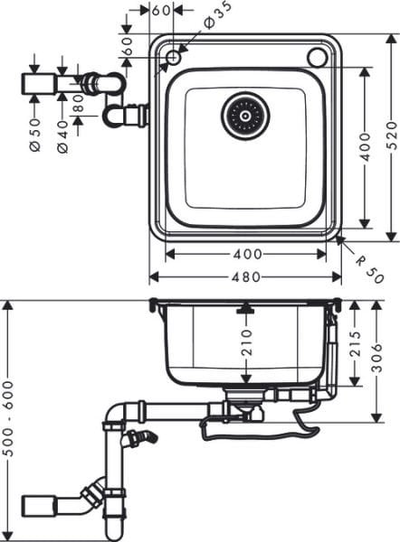 HANSGROHE S412-F500 ANKASTRE EVIYE 400/400 CELIK SIFON SETI DAHIL 43335800