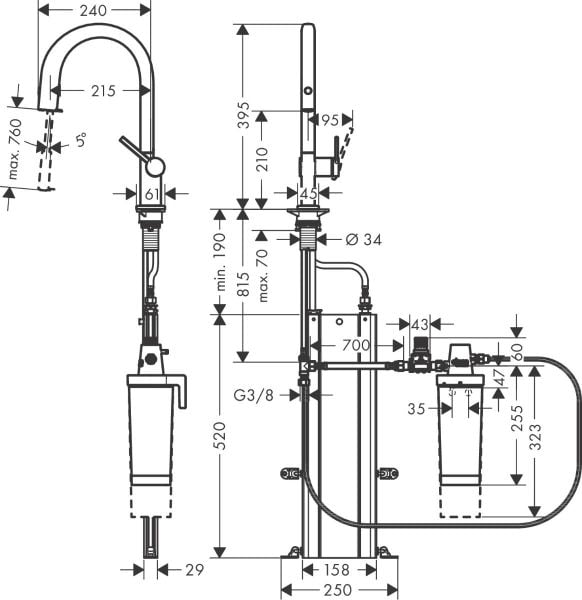 HANSGROHE AQITTURA M91 EVYE BATARYASI M91 FILTRE SISTEMI 210, CEKILEBILIR GAGA, 1 JET S BOX MAT SIYAH  76800670