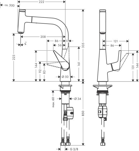 HANSGROHE TALIS SELECT M51 EVIYE BATARYASI TEK KOLLU CEKILEBILIR GAGA 1JET KROM 72822000