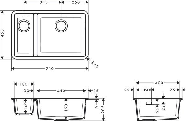 HANSGROHE S51 EVIYE TEZGAH ALTI S510-U635 180/450  BETON GRISI 43433290