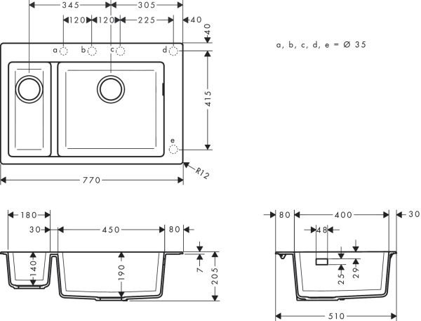 HANSGROHE S51 EVIYE ANKASTRE S510-F635 180/450 GRAFIT SIYAH  43315170