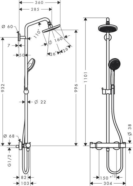 HANSGROHE CROMA DUS KOLONU 160 1JET TERMOSTAT ILE KROM 27135000