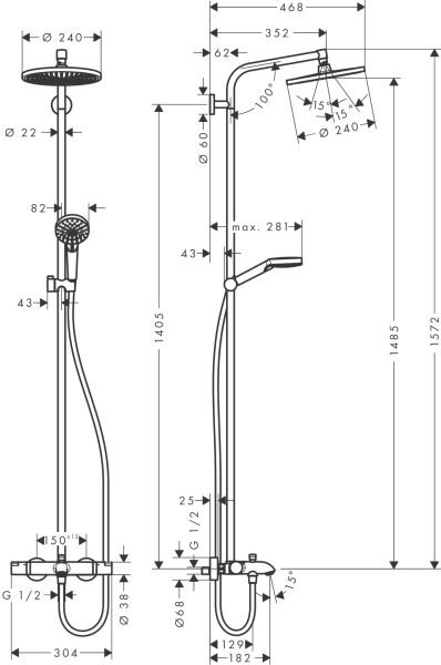 HANSGROHE CROMETTA S DUS KOLONU 240 1JET BANYO TERMOSTATI ILE KROM 27320000