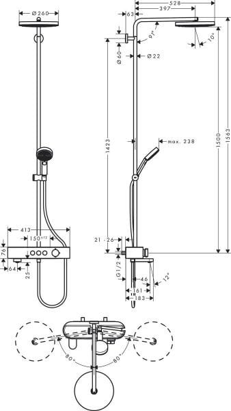 HANSGROHE PULSIFY S DUS KOLONU 260 1JET TERMOSTATLI SHOWER TABLET SELECT 400 ILE KROM 24230000