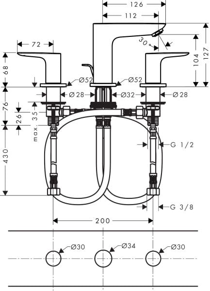 HANSGROHE TALIS E 3-DELIKLI LAVABO BATARYASI KUMANDALI KROM 71733000