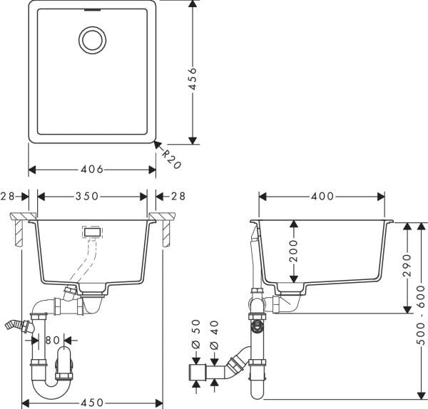 HANSGROHE S52 EVIYE TEZGAH ALTI GRANIT S52 BETON GRI 43349380