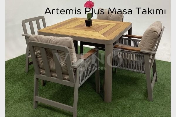 Artemis Plus Alüminyum Bahçe Balkon Masa Takımı Ahşap Tablalı (100x100)