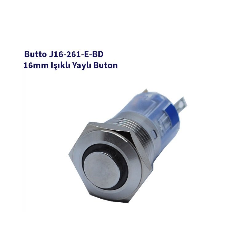 J16-261-E-BD 16mm LED IŞIKLI ÇIKIK KAFALI YAYLI BUTON MAVİ