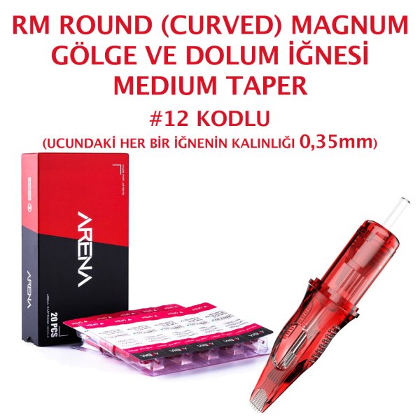 Arena #12 Kodlu RM-2 Medium Taper Round Magnum Cartridge Curved Gölge ve Dolum Dövme İğnesi Kartuş