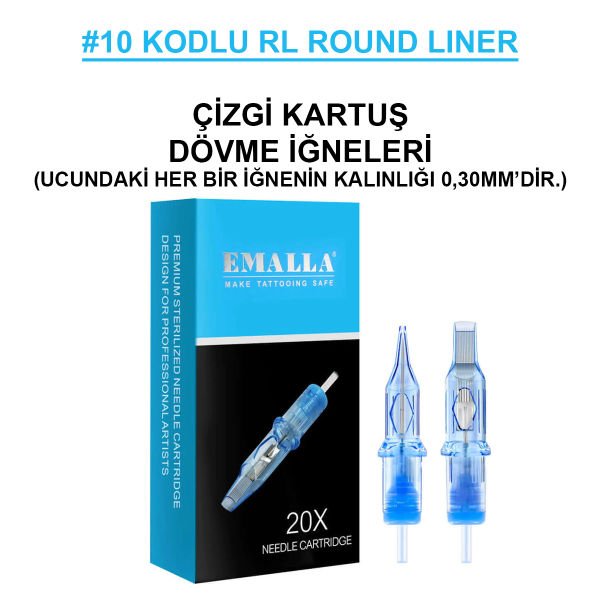 Emalla Eliot #10 Kodlu RL Round Liner Long Taper Cartridge Kartuş Dövme Çizgi İğneleri