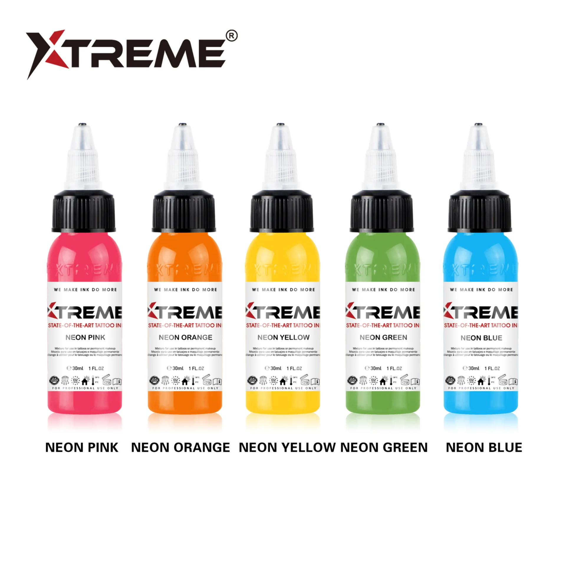 Xtreme Ink Neon Color Set 1 oz 30 ml Dövme Boyası Seti 5 Renk