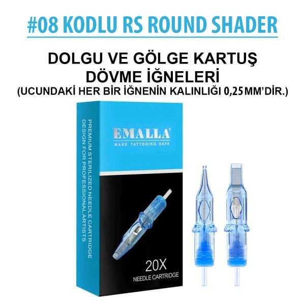 Emalla Eliot #08 Kodlu RS Round Shader Long Taper Cartridge Kartuş Dövme Dolgu ve Gölge İğneleri