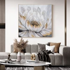 Yağlı Boya Dokulu Beyaz Lotus Çiçeği Tablosu 90x90cm