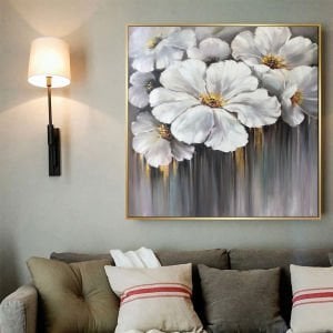 Yağlı Boya Dokulu Kabartmalı Gri Beyaz Çiçek Tablo 70x100cm Kanvas Tablo - Siyah Metal Çerçeve-