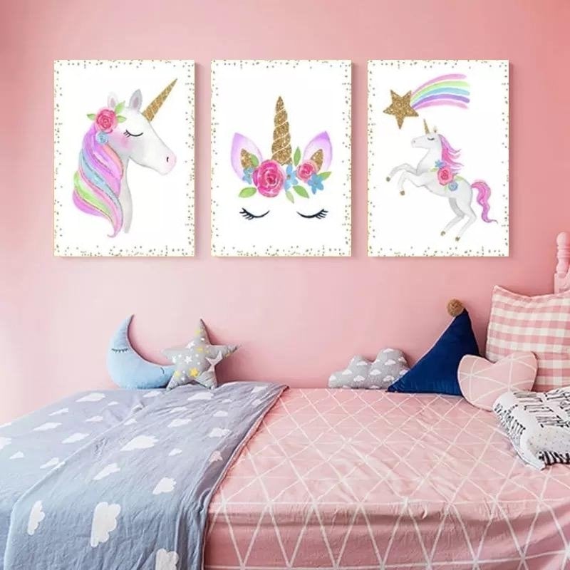 Çocuklara Özel 30x40cm Üçlü Kanvas Tablo Seti Unicorns Kod: NSN116