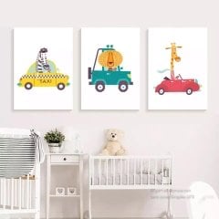 Çocuklara Özel 30x40cm Üçlü Kanvas Tablo Seti Cars&Animals KOD: NSN125