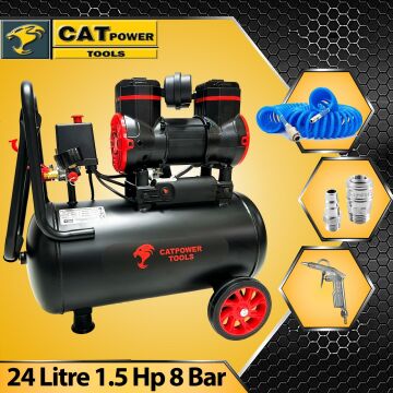 Catpower 24 Litre Sessiz Hava Kompresörü 1.5 Hp Bakır Sargı Motor 8 Bar 15 Metre Spiral