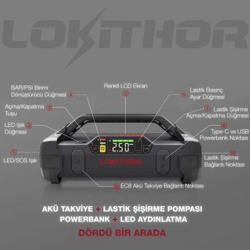 LOKITHOR JA301 12V 2000Amp Li-Polimer Akıllı Akü Takviye + Pompa + Powerbank + Led Lamba