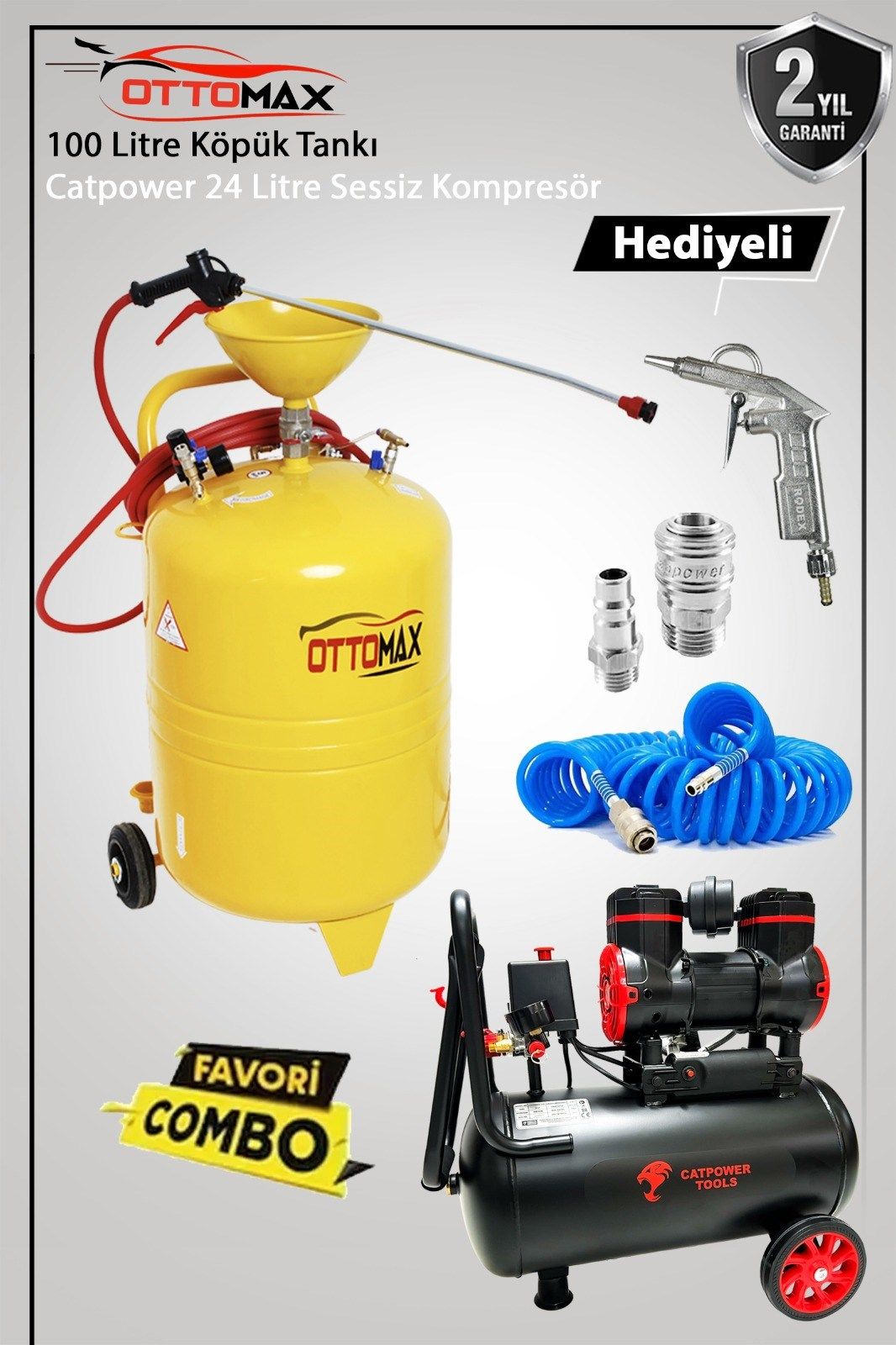 Ottomax 100 Litre Köpük Tankı ve Catpower 24 Litre Sessiz Kompresör Havalı Alet Seti