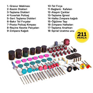 Anadolu Strong 6 Kademe Devir Ayarlı Gravür Hobi Taşlama Seti Şarft Hediyeli Çantalı 211 Parça