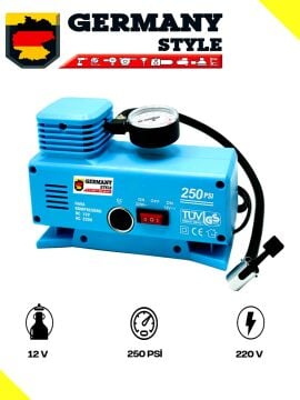 Germany Style Sega 220 Volt-12 Volt 250 Psi Psi Kompresör Lastik Hava Şişirme Oto Pompası