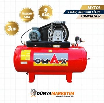 OMAX 200 Lt  9 Bar Pistonlu Hava Kompresörü(İTALYAN KAFA)