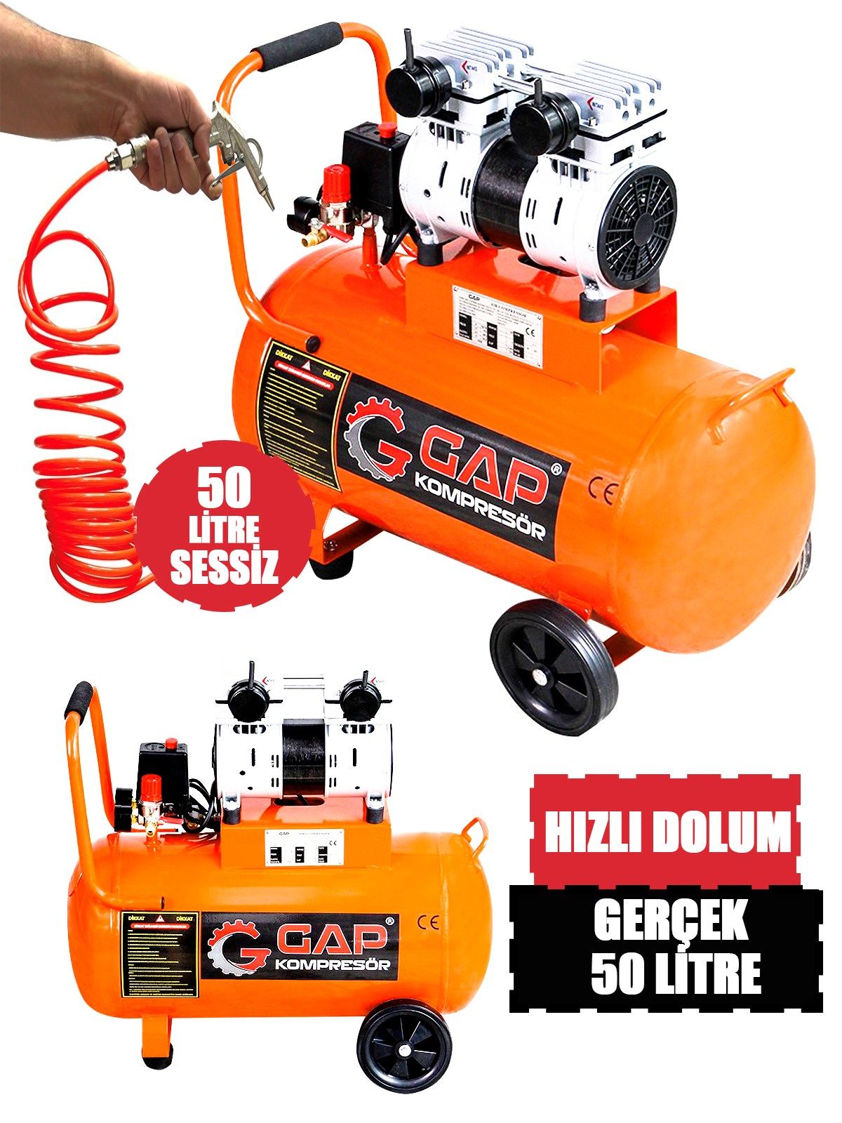 Rowermax Gap Bakır Sargı Motor Gerçek 50 LT Süper Sessiz Yağsız Hava Kompresörü Seti