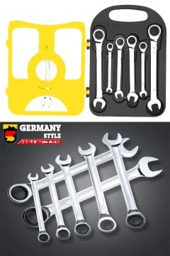 Germany Style 7'li Krom Vanadyum Çelik Profesyonel Cırcırlı Kombine Anahtar Seti