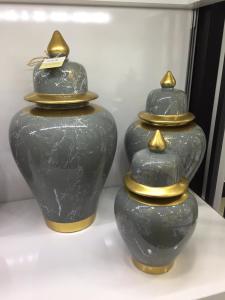 Şah Küp 3'Lü Dekoratif Küp Seti - Gri Altın Varaklı Mermer Desenli