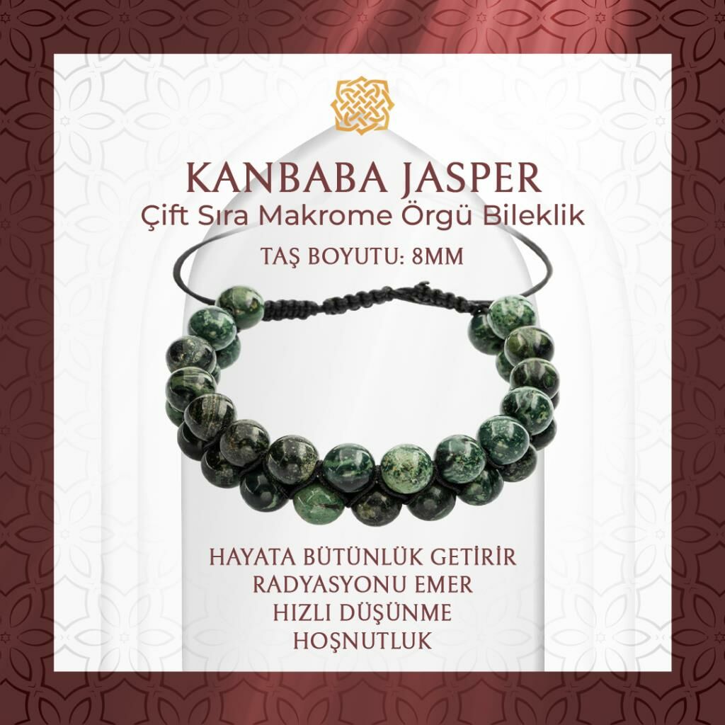 Yeşil Kanbaba Jasper 8mm Çift Sıra Makrome Doğal Taş Bileklik - 20-21cm