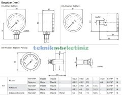 Ø50mm -760 mmHg Alttan Bağlantılı Kurutip G1/4'' Vakummetre, Vakum Göstergesi CL2,5 PAKKENS