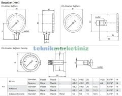 Ø50mm -760 mmHg Arkadan Bağlantılı Kurutip G1/8'' Vakummetre, Vakum Göstergesi CL2,5 PAKKENS