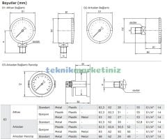 Ø63mm -1 / +5 Bar Panotip Arka Bağlantılı Kurutip G1/4'' ManoVakummetre, Vakum Göstergesi CL2,5 PAKKENS