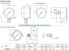 Ø100mm -1 Bar Alttan Bağlantılı Kurutip G1/2'' Vakummetre, Vakum Göstergesi CL2,5 PAKKENS