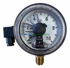 Ø100mm 0/10 Bar Alttan Bağlantılı ÇİFT Elektrik Kontaklı Hassas Manometre, Basınç Ölçer IP65 Kurutip G1/2'' CL1,0 PAKKENS