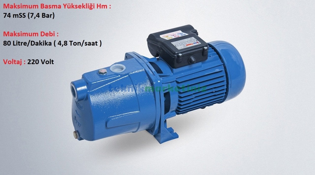 SPJ20 Jet Tipi Pompa 2 HP - 1,5KW, 220 Volt Monofaze, 74 mss, 4,8 Ton/saat, Jet Tip Kendinden Emişli Su Pompası