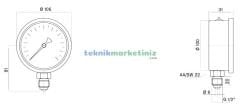 Ø100mm 0-16 Bar Alttan Bağlantılı Gliserinli, Sıvı Dolgulu G1/2'' Manometre, Basınç Göstergesi CL2,5 PAKKENS