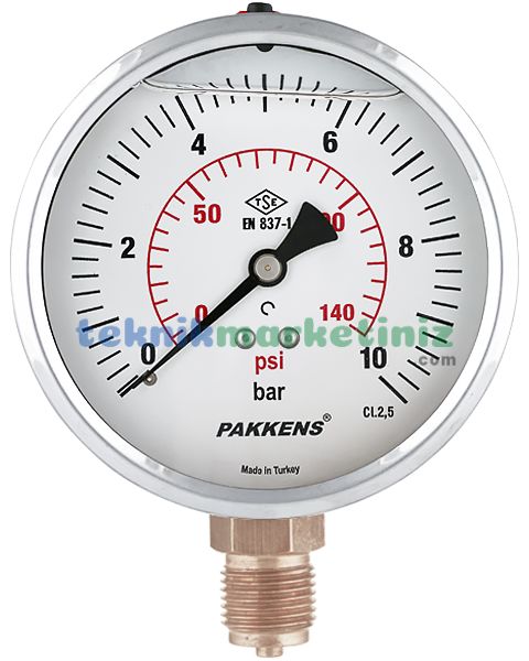 Ø100mm 0-280 Bar Alttan Bağlantılı Gliserinli, Sıvı Dolgulu G1/2'' Manometre, Basınç Göstergesi CL2,5 PAKKENS