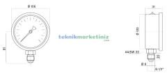 Ø100mm 0-280 Bar Alttan Bağlantılı Gliserinli, Sıvı Dolgulu G1/2'' Manometre, Basınç Göstergesi CL2,5 PAKKENS