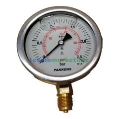 Ø100mm 0/2,5 Bar Alttan Bağlantılı Paslanmaz Gövde Sıvı Dolgulu CL1,0 Hassas Basınç Ölçer, Manometre G1/2'' Prinç Bağlantı Elemanlı Class 1,0 PAKKENS