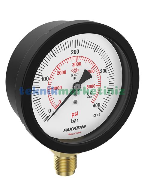 Ø100mm 0/400 Bar Alttan Bağlantılı Kurutip CL1,0 Hassas Basınç Ölçer, Manometre G1/2'' Prinç Bağlantı Elemanlı Class 1,0 PAKKENS