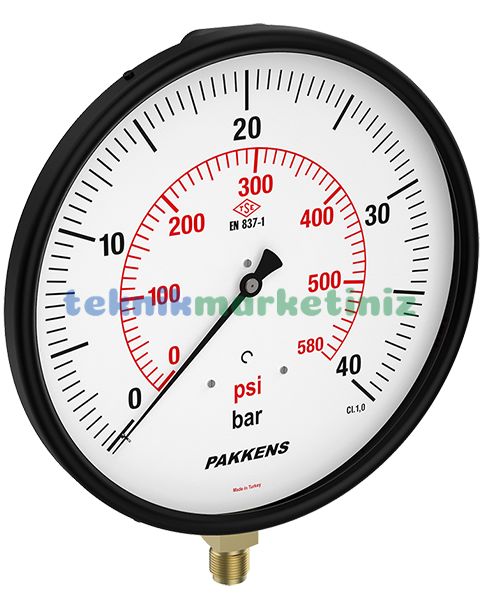 Ø250mm 0/40 Bar Alttan Bağlantılı Kurutip CL1,0 Hassas Basınç Ölçer, Manometre G1/2'' Class 1,0 PAKKENS