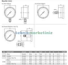 Ø100mm -500/+500 Milibar Alttan Bağlantılı Komple Paslanmaz Kurutip Kapsül Diyaframlı Basınç Ölçer, Milibar ManoVakummetre G1/2'' CL1,6 PAKKENS