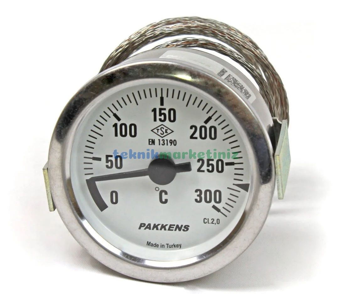 Ø60mm 0/300 C° Derece Gaz Dolgu Kablolu Göstergeli Sıcaklık Ölçer Termometre EN13190 Panotip Arka Çıkışlı Kablo Boyu :