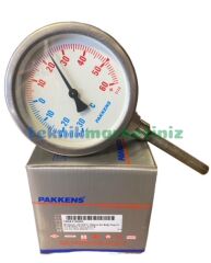 Ø100mm -30/+60°C Derece, Komple Paslanmaz Alttan Çıkışlı G1/2'' Bi-Metal Sıcaklık Ölçer, Termometre, Mekanik Isı Gösterge Saati, CL2,0 PAKKENS, Dalma Boyu :