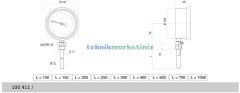 Ø100mm -30/+60°C Derece, Komple Paslanmaz Alttan Çıkışlı G1/2'' Bi-Metal Sıcaklık Ölçer, Termometre, Mekanik Isı Gösterge Saati, CL2,0 PAKKENS, Dalma Boyu :