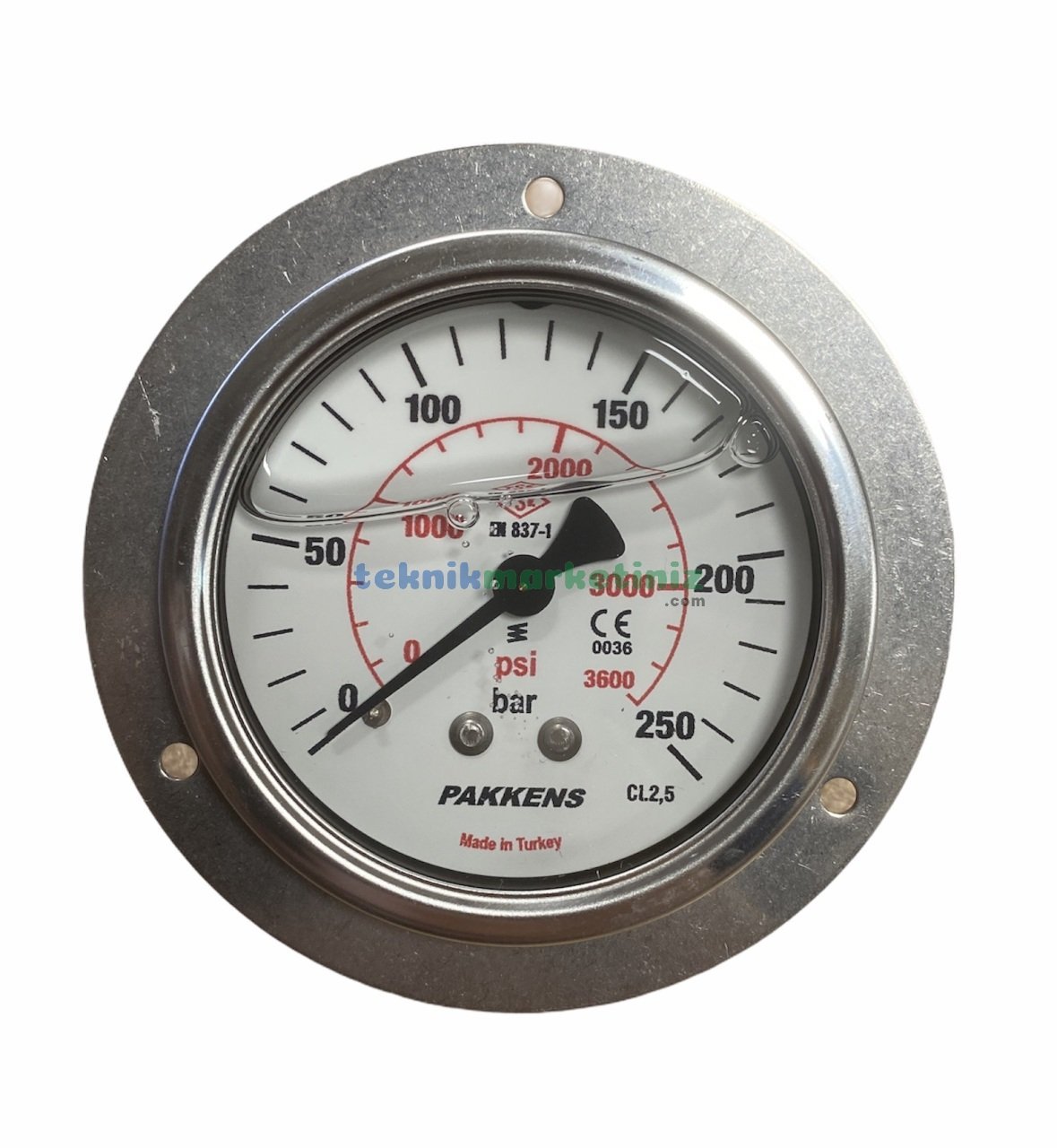 Ø63mm 0-250 Bar Önden Flanşlı Arka Bağlantılı Gliserinli, Sıvı Dolgulu G1/4'' Manometre, Basınç Göstergesi CL2,5 PAKKENS