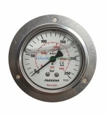 Ø63mm 0-250 Bar Önden Flanşlı Arka Bağlantılı Gliserinli, Sıvı Dolgulu G1/4'' Manometre, Basınç Göstergesi CL2,5 PAKKENS